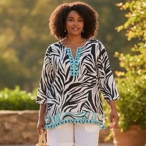 JM Collection Woman Zebra Print Linen Tunic Top Embellished V Neck 2X